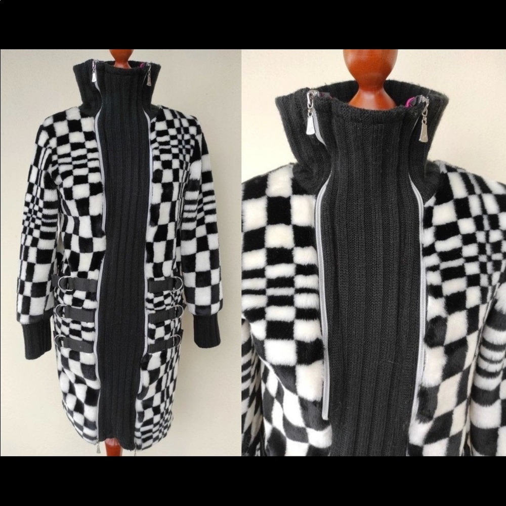 Vintage black & white checkerboard pattern faux fur jacket coat